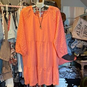 Time And Tru Coral LS Eyelet Tiered T Shirt Dress